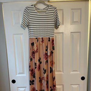 Floral and Striped Short Sleeved Maxi Dress
